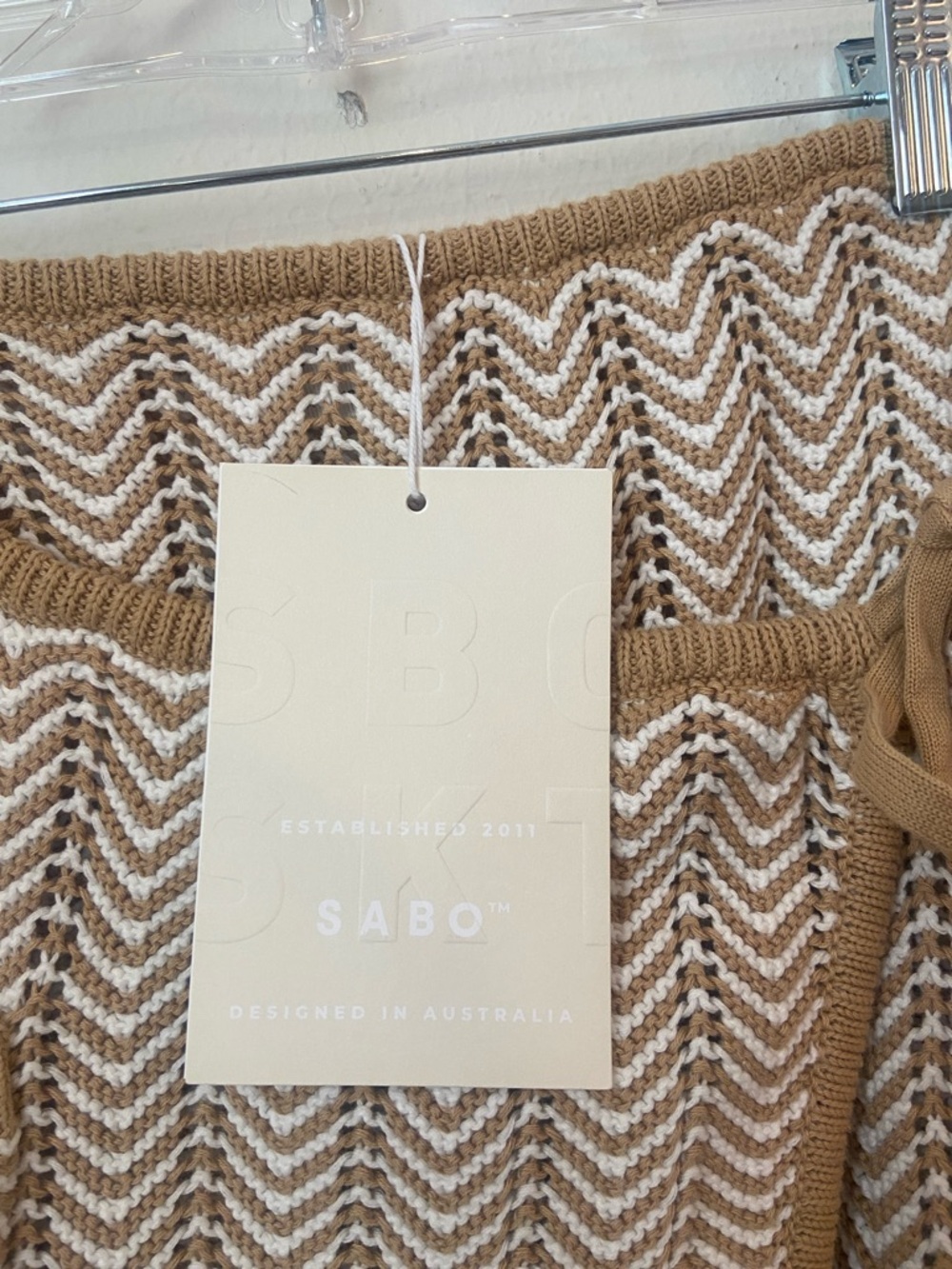 Sabo Skirt Reims Knit Mini Skirt M Tan White Chevron Stretch Boho NWT - Picture 8 of 8